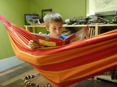 Brazilian Style Double Hammock (Color: Yellow Green and Red Stripes)