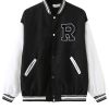 Plus Size Letter R Embroidered Colorblock Varsity Jacket; Women's Plus Button Down Casual Baseball Jacket