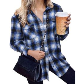 Flannel Plaid Shirts Long Sleeve Lapel Button Down Jacket (Color: Blue)