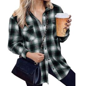 Flannel Plaid Shirts Long Sleeve Lapel Button Down Jacket (Color: Green)