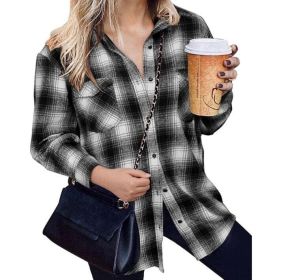 Flannel Plaid Shirts Long Sleeve Lapel Button Down Jacket (Color: Black)