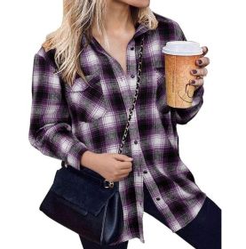 Flannel Plaid Shirts Long Sleeve Lapel Button Down Jacket (Color: Purple)