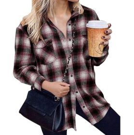 Flannel Plaid Shirts Long Sleeve Lapel Button Down Jacket (Color: Brown)