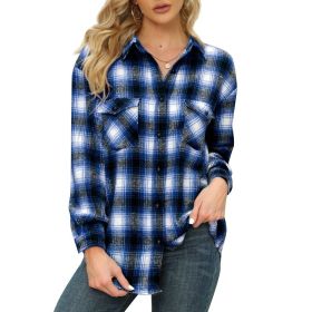 Womens Plaid Shirts Flannel Button Down Long Sleeve Shacket Jacket (Color: Blue)