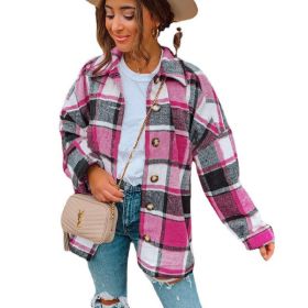 Flannel Plaid Jacket Long Sleeve Button Down Shirts Coats Shacket (Color: Rose)