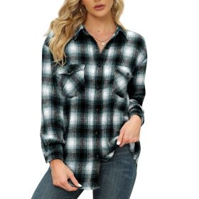 Womens Plaid Shirts Flannel Button Down Long Sleeve Shacket Jacket (Color: Green)