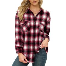 Womens Plaid Shirts Flannel Button Down Long Sleeve Shacket Jacket (Color: Red)