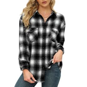 Womens Plaid Shirts Flannel Button Down Long Sleeve Shacket Jacket (Color: Black)