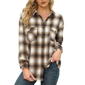 Womens Plaid Shirts Flannel Button Down Long Sleeve Shacket Jacket (Color: Brown)