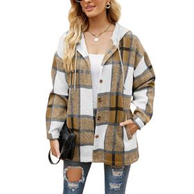 Women's Flannel Plaid Jacket Button Down Shirts Hooded Coats Shacket (Color: Black)