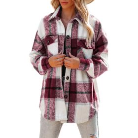 Flannel Plaid Jacket Long Sleeve Button Down Shirts Shacket (Color: Purple)