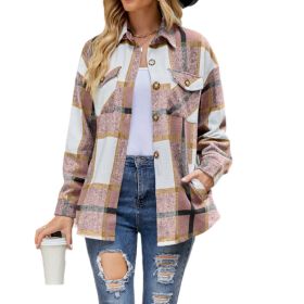 Flannel Plaid Jacket Long Sleeve Button Down Shirts Shacket (Color: PInk)