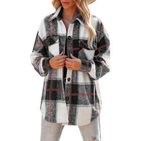 Flannel Plaid Jacket Long Sleeve Button Down Shirts Shacket (Color: Black)