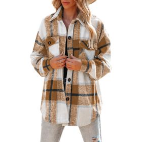 Flannel Plaid Jacket Long Sleeve Button Down Shirts Shacket (Color: Brown)