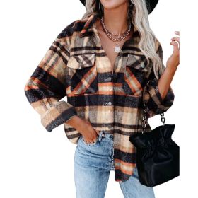 Flannel Plaid Button Down Shirts Long Sleeve Oversized Jacket (Color: Brown)