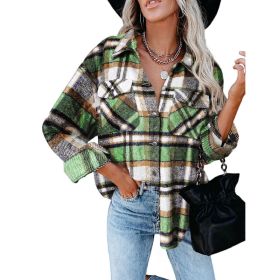 Flannel Plaid Button Down Shirts Long Sleeve Oversized Jacket (Color: Green)