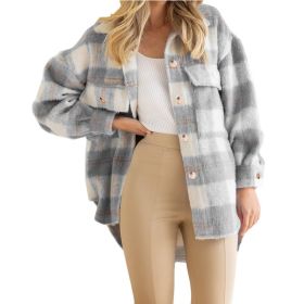 Women's Plaid Flannel Coat Woolen Thick Jacket (Color: Gray)