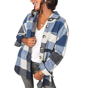 Flannel Plaid Button Long Sleeved Shirt Jacket (Color: Blue)