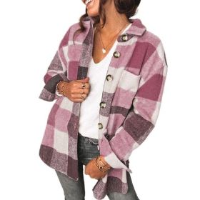 Flannel Plaid Button Long Sleeved Shirt Jacket (Color: PInk)