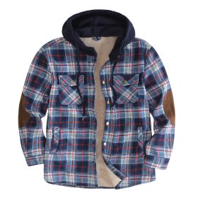 Men's Hooded Coat Plaid Flannel Button Jacket (Color: Blue)