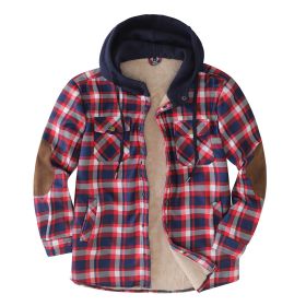 Men's Hooded Coat Plaid Flannel Button Jacket (Color: Red)