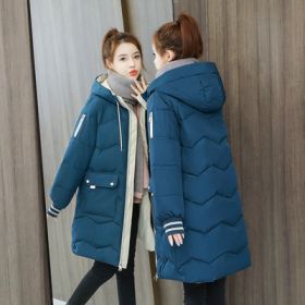 2022 Winter Women Jacket Coats Long Parkas Female Down cotton Hooded Overcoat Thick Warm Jackets Windproof Casual Student Coat (Color: Blue)