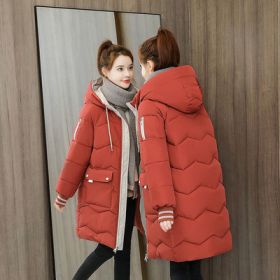 2022 Winter Women Jacket Coats Long Parkas Female Down cotton Hooded Overcoat Thick Warm Jackets Windproof Casual Student Coat (Color: Red)