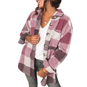 Women Flannel Plaid Jacket Button Down Shirts Coats Shacket (Color: PInk)