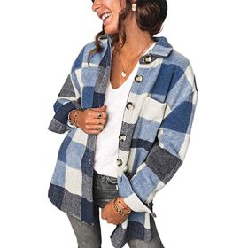 Women Flannel Plaid Jacket Button Down Shirts Coats Shacket (Color: Blue)