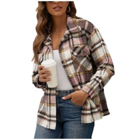 Women Flannel Plaid Jacket Button Down Shirts Shacket Jacket (Color: PInk)