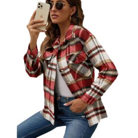 Women Flannel Plaid Jacket Button Down Shirts Shacket Jacket (Color: Red)