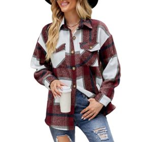 Women Plaid Shirts Flannel Shacket Jacket Coats (Color: Red)