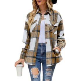 Women Plaid Shirts Flannel Shacket Jacket Coats (Color: Brown)