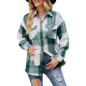 Women Plaid Shirts Flannel Shacket Jacket Coats (Color: Green)