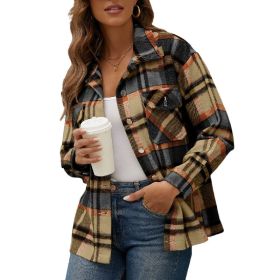 Women Flannel Plaid Jacket Button Down Shirts Shacket Jacket (Color: Brown)