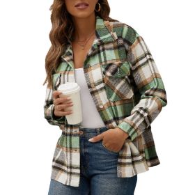 Women Flannel Plaid Jacket Button Down Shirts Shacket Jacket (Color: Green)