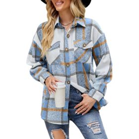 Women Plaid Shirts Flannel Shacket Jacket Coats (Color: Blue)