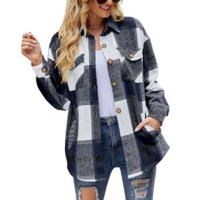 Women Plaid Shirts Flannel Shacket Jacket Coats (Color: Navy)