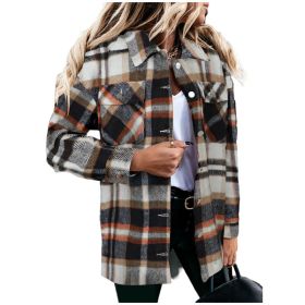 Women Flannel Plaid Jacket Button Down Shirts Shacket Jacket (Color: Orange)