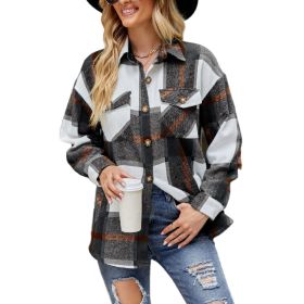 Women Plaid Shirts Flannel Shacket Jacket Coats (Color: Black)