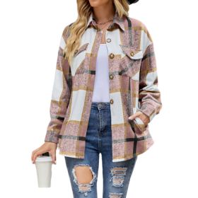 Women Plaid Shirts Flannel Shacket Jacket Coats (Color: PInk)