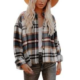 Womens Flannel Plaid Casual Button Down Shirt Blouses Shacket Jackets (Color: Orange)