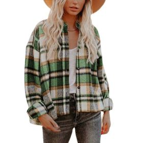 Womens Flannel Plaid Casual Button Down Shirt Blouses Shacket Jackets (Color: Green)