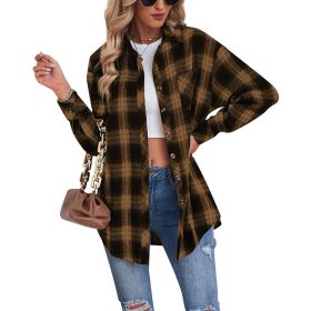 Women Flannel Plaid Jacket Button Down Casual Long Sleeve Blouse (Color: Dark)