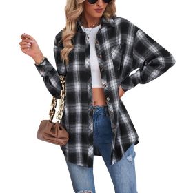 Women Flannel Plaid Jacket Button Down Casual Long Sleeve Blouse (Color: Black)