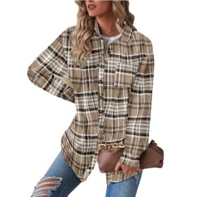 Women Flannel Plaid Jacket Button Down Casual Long Sleeve Blouse (Color: Brown)