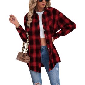 Women Flannel Plaid Jacket Button Down Casual Long Sleeve Blouse (Color: Red)