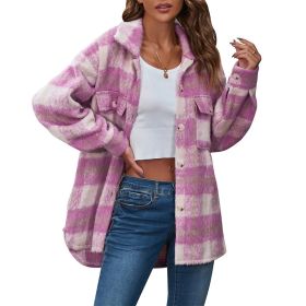 Womens Flannel Wool Blend Plaid Button Down Shacket Jacket Thick Coat (Color: Purple)