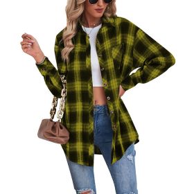 Women Flannel Plaid Jacket Button Down Casual Long Sleeve Blouse (Color: Yellow)