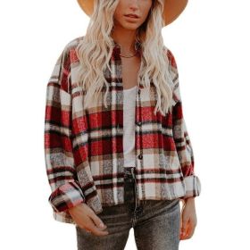 Womens Flannel Plaid Casual Button Down Shirt Blouses Shacket Jackets (Color: Red)